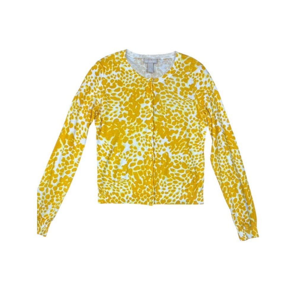 Banana Republic Animal Print Medium Yellow White Cardigan 100% Cotton